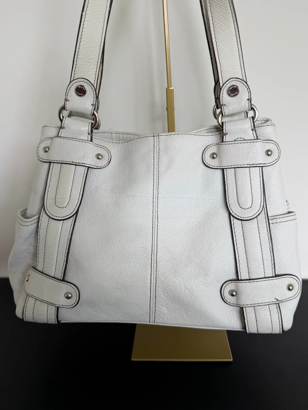 Tignanello White Pebbled Leather Shoulder Bag Tote Silver Hardware